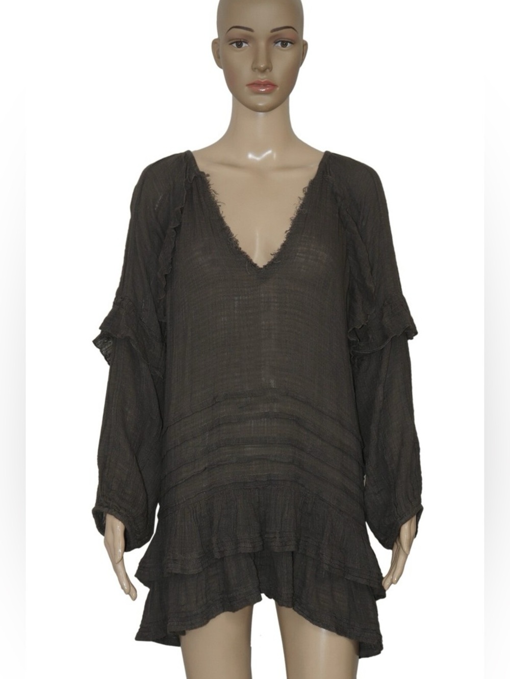 Free People FP One Tamasi V Neck Oversized Ruffle semi-sheer Gray Tunic NWT sz S - Picture 10 of 10